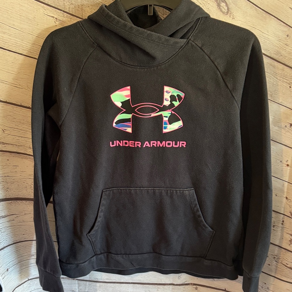 Girls Under Armour Black Hoodie with Multicolor Logo